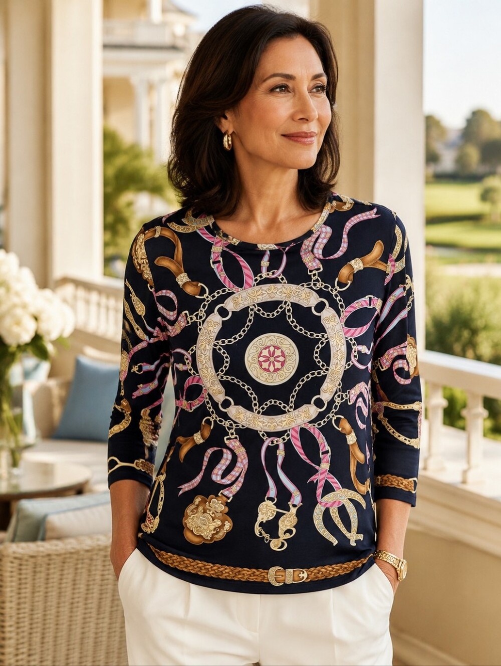 J. McLaughlin Catalina Cloth Equestrian Scarf Print Top L